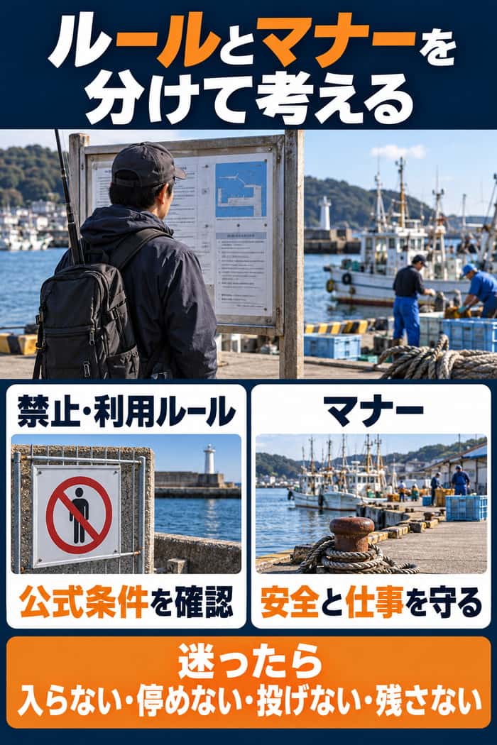 海釣りのルールとマナーの違いを整理し、迷ったら入らない・停めない・投げない・残さないと判断する要点を示す。