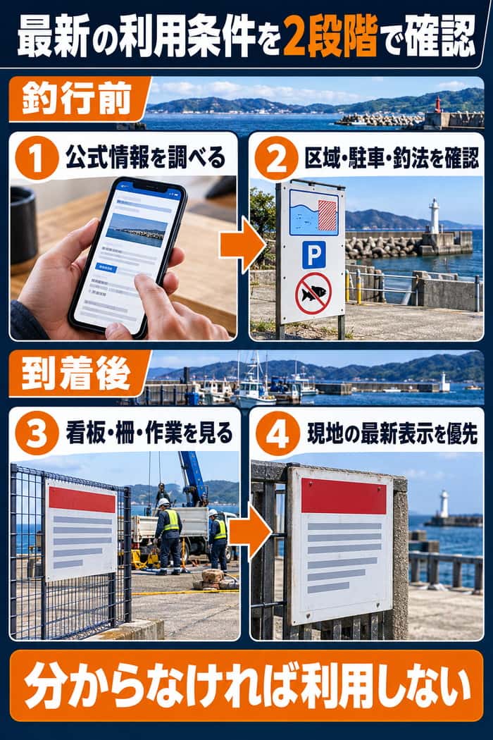 釣行前に公式情報を調べ、到着後に看板・柵・作業状況を見て最新の利用条件へ更新する順序を示す。