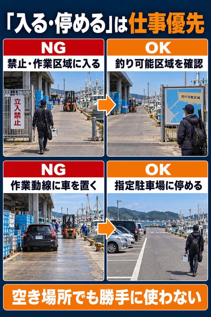 漁港での立入と駐車のNG・OK比較。作業区域や動線を避け、釣り可能区域と指定駐車場を確認する。