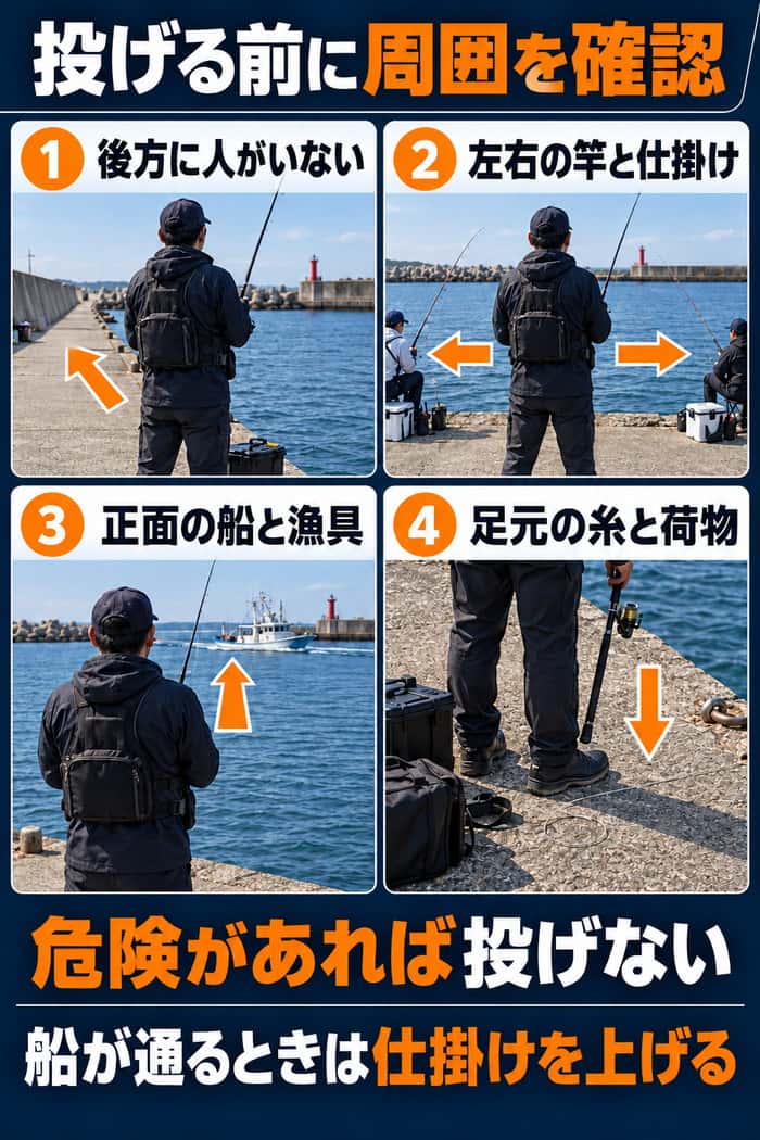 キャスト前に後方、左右、正面、足元を順に確認し、危険があれば投げず、船が通るときは仕掛けを上げる手順を示す。