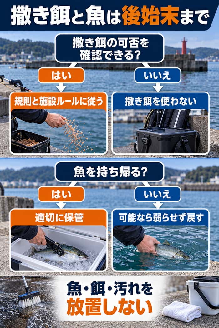 撒き餌の可否と魚を持ち帰るかを分岐で整理し、規則と施設ルールに従って魚・餌・汚れを放置しない判断を示す。