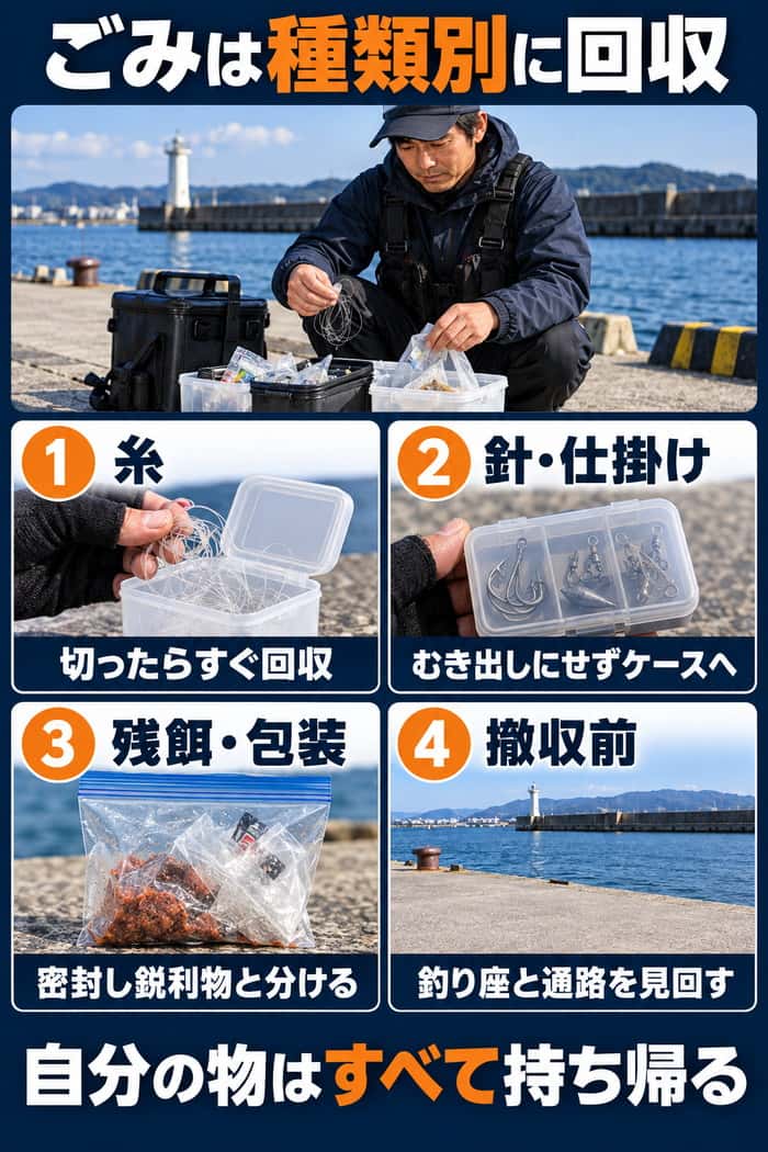 糸、針・仕掛け、残餌・包装を種類別に回収し、撤収前に釣り座と通路を見回してすべて持ち帰る方法を示す。