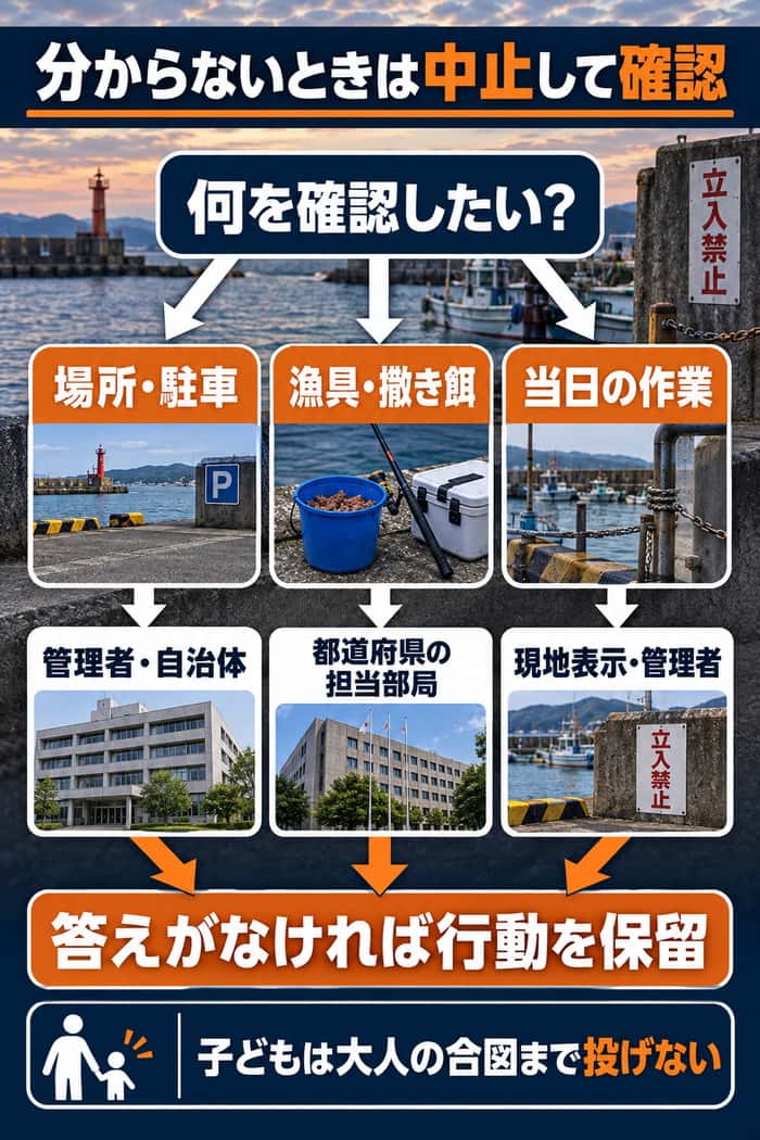 不明点を場所・駐車、漁具・撒き餌、当日の作業に分け、適切な確認先と、答えがなければ行動を保留する流れを示す。