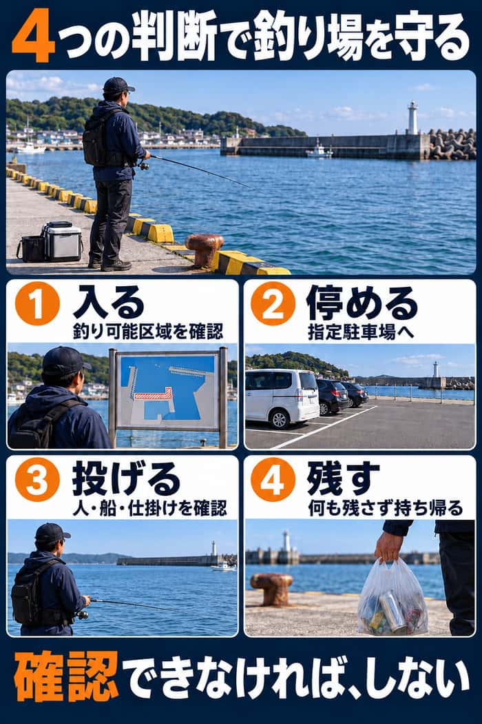 入る、停める、投げる、残すの4判断をまとめ、釣り可能区域・指定駐車場・周囲の安全・持ち帰りを確認する。