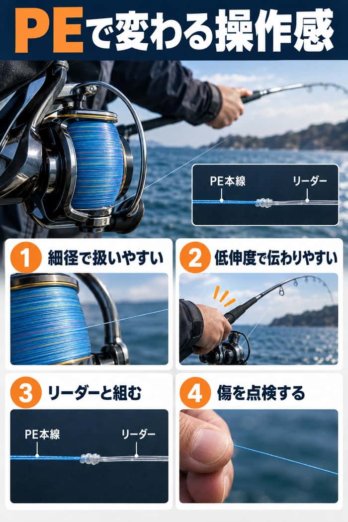 PEラインで変わる操作感の要点。細径、低伸度、リーダーとの接続、傷の点検という4つの基本を示す。