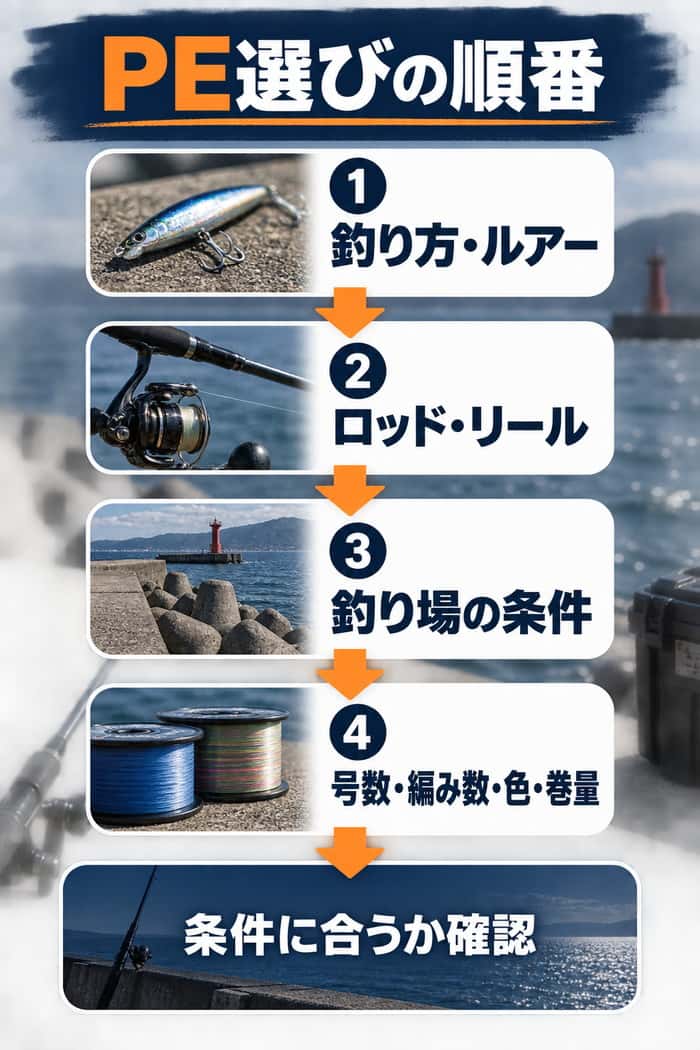 PEラインを選ぶ順番。釣り方とルアー、ロッドとリール、釣り場の条件を整理してから、号数・編み数・色・巻量を確認する流れを示す。