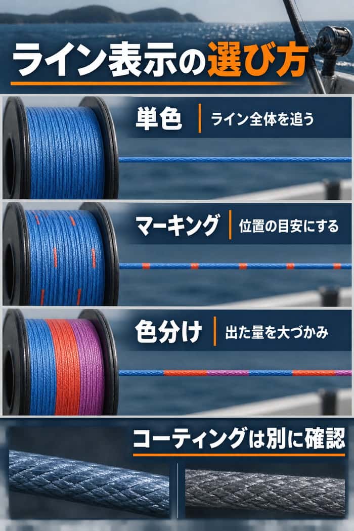 PEラインの表示方法の比較。単色、一定間隔のマーキング、区間ごとの色分けの用途と、コーティングを別項目で確認する考え方を示す。