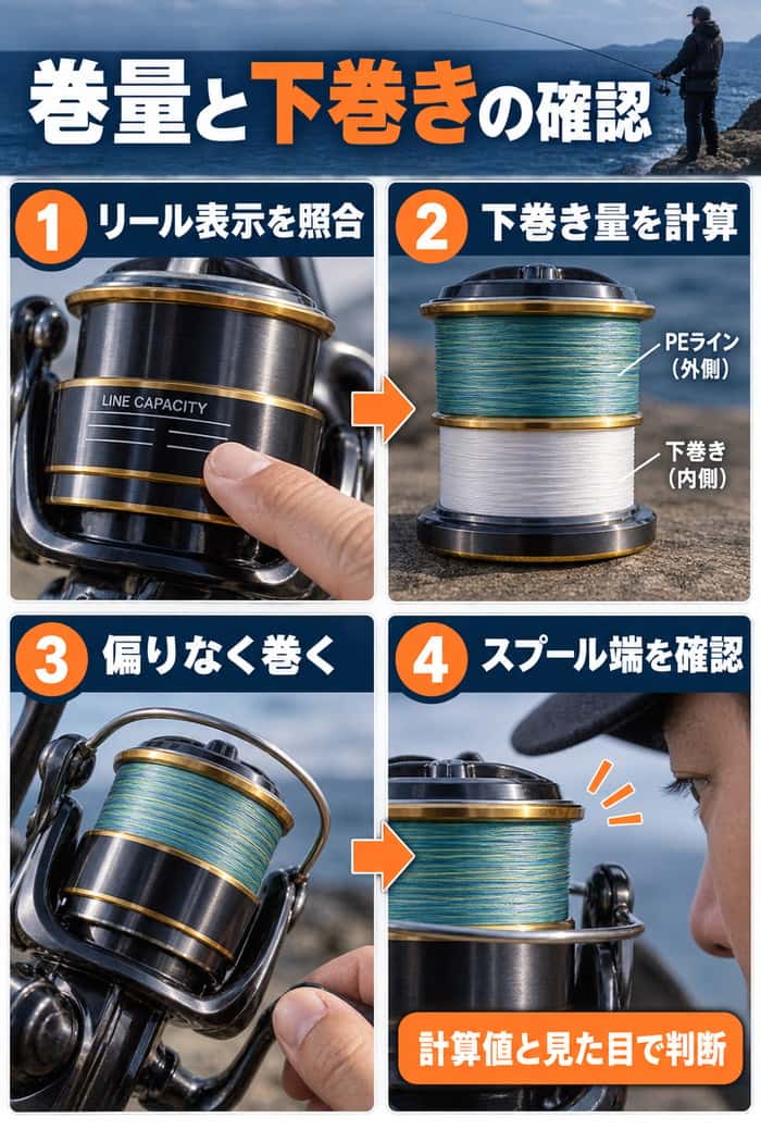 PEラインの巻量と下巻きを確認する4工程。リール表示の照合、下巻き量の計算、均等な巻き取り、スプール端の目視確認を順に示す。