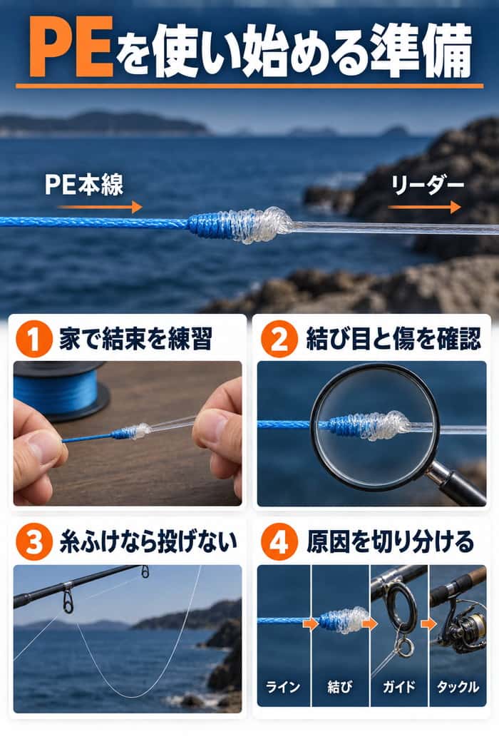PEラインを使い始める準備。リーダーとの結束練習、結び目と傷の確認、糸ふけ時の停止、トラブル原因の切り分けを示す。