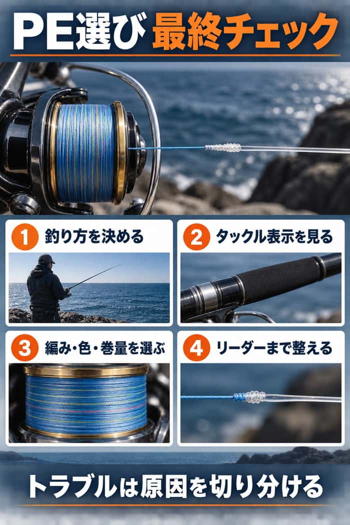 海釣りのPEライン選びの最終確認。釣り方、タックル表示、編み数・色・巻量、リーダーの順に準備し、トラブル原因を切り分ける要点を示す。
