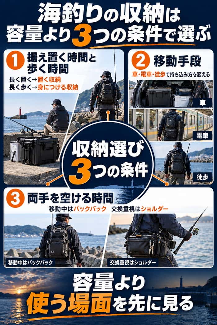 海釣りの収納選びの3条件を整理した図。据え置く時間と歩く時間、移動手段、両手を空けたい時間を比較して示す。