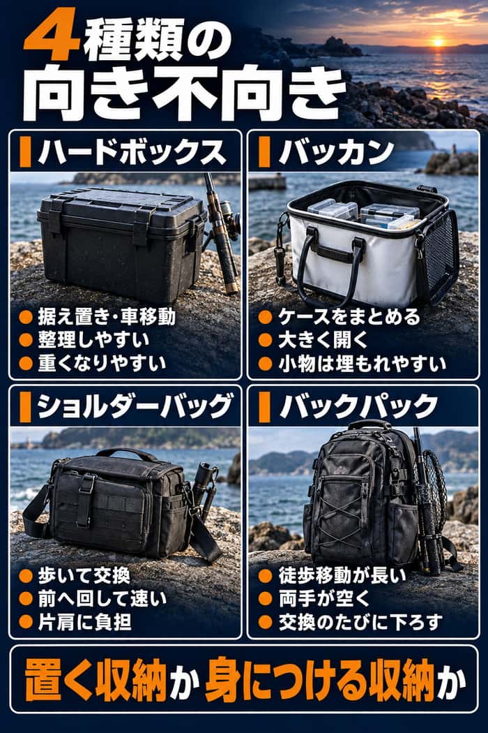 4種類の収納比較図。ハードボックス、バッカン、ショルダーバッグ、バックパックの向き不向きと注意点を並べて示す。