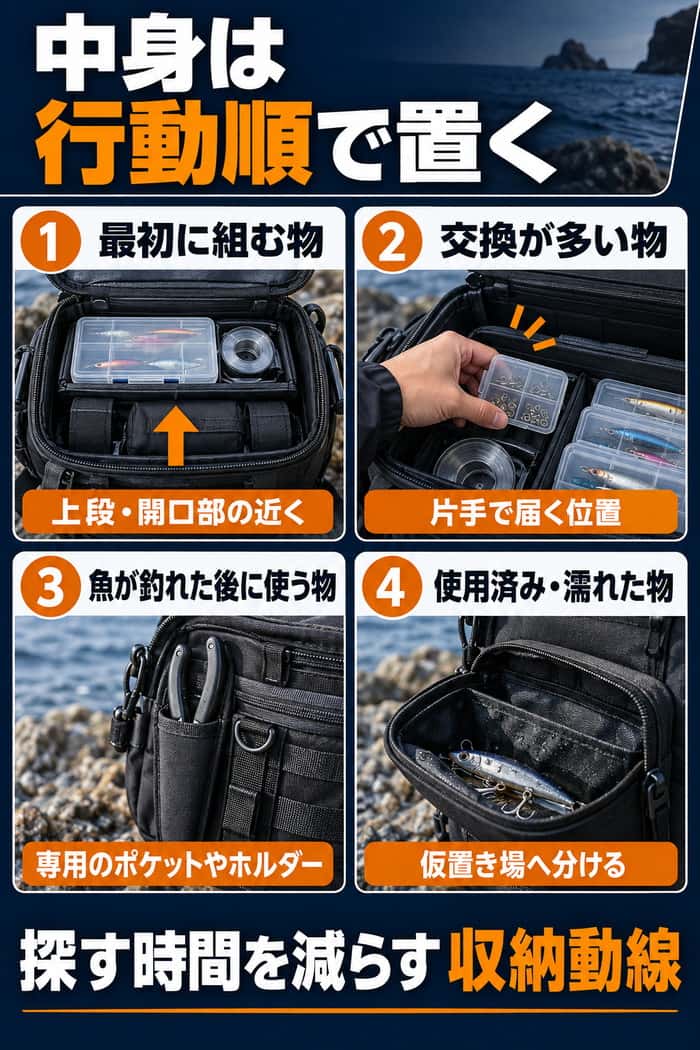 釣り場での収納動線図。最初に組む物、交換が多い物、魚が釣れた後に使う物、使用済み品の置き場所を順に示す。