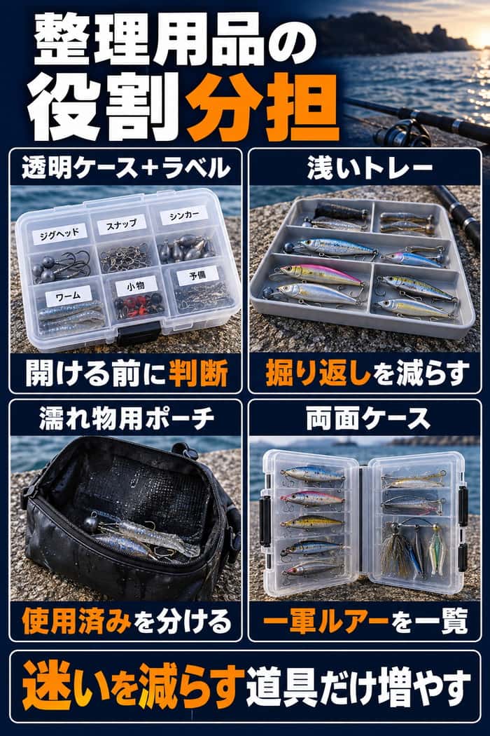 整理用品の役割分担図。透明ケースとラベル、浅いトレー、濡れ物用ポーチ、両面ケースが減らす迷いを比較して示す。