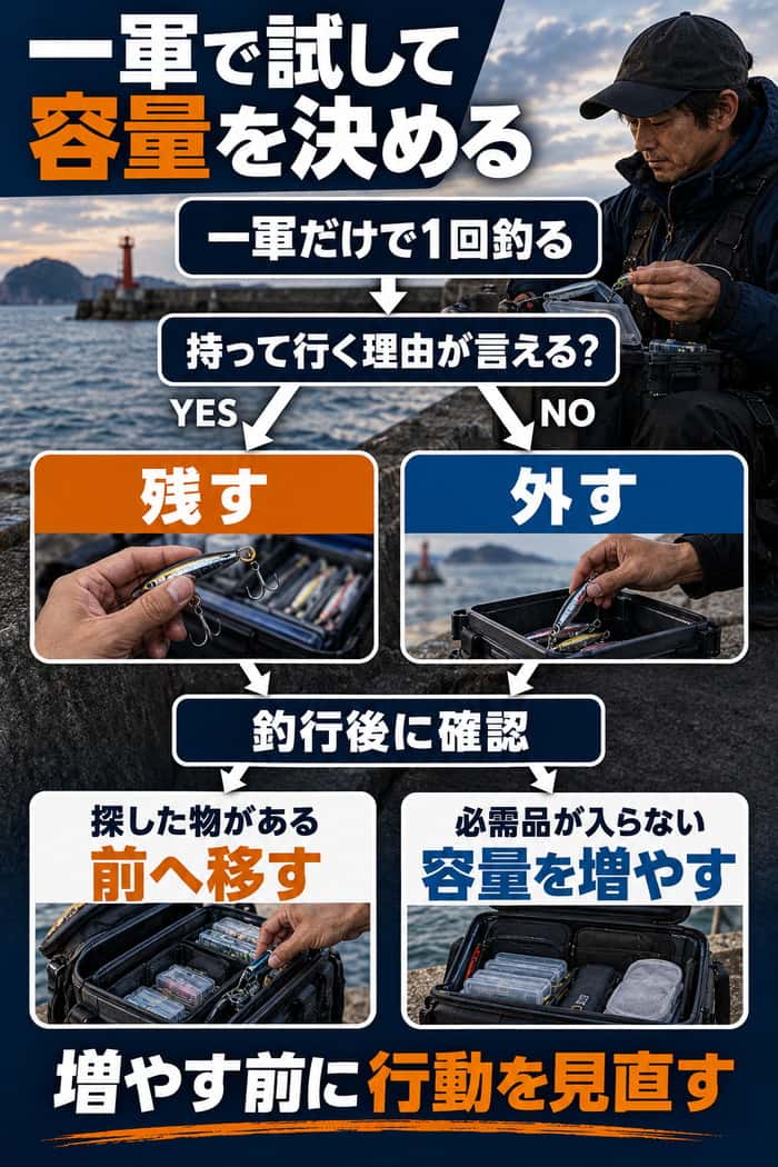 一軍だけで釣って容量を決める選択フロー。持って行く理由の有無、釣行後の見直し、容量を増やす判断を順に示す。