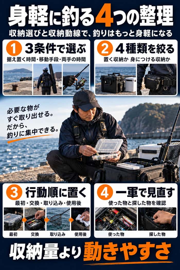 記事全体のまとめ図。3条件で選ぶ、4種類を絞る、行動順に置く、一軍で見直すという4つの整理を要約して示す。