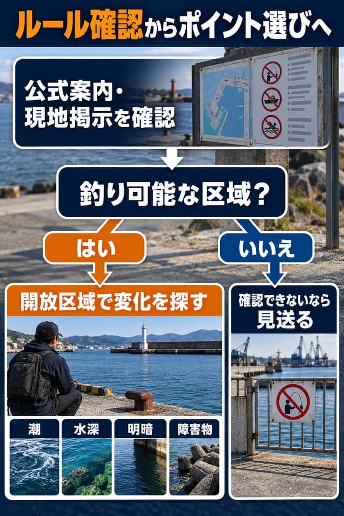 漁港釣りの判断フロー。公式案内と現地掲示で釣り可能区域を確認し、開放区域で潮・水深・明暗・障害物を探す流れを示す。