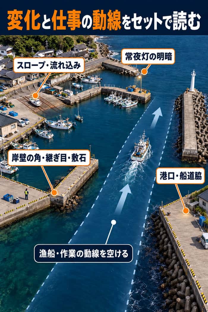 漁港の俯瞰図。港口・船道脇、岸壁の角や継ぎ目、スロープ、常夜灯を示し、漁船と作業の動線を空けることを伝える。
