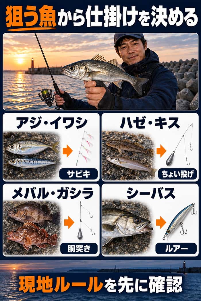 狙う魚と仕掛けの対応図。アジ・イワシはサビキ、ハゼ・キスはちょい投げ、メバル・ガシラは胴突き、シーバスはルアーを示す。