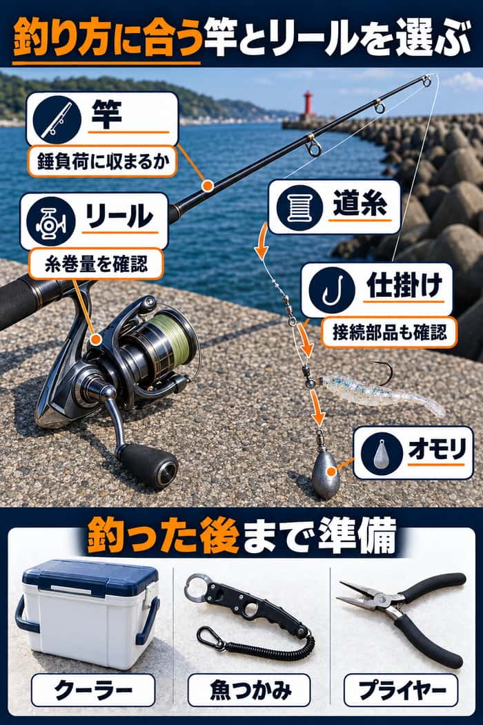 釣具の接続図。竿、リール、道糸、仕掛け、オモリの順と確認点に加え、クーラー、魚つかみ、プライヤーの準備を示す。