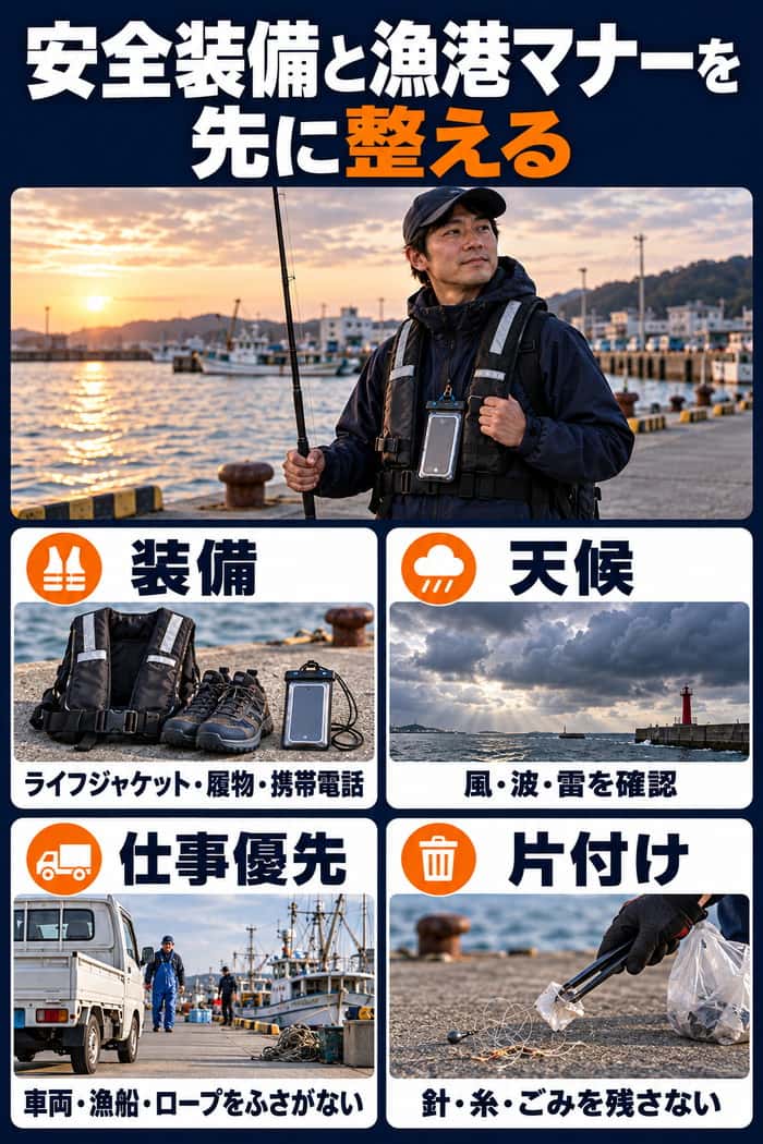 漁港釣りの安全とマナー。ライフジャケットなどの装備、天候確認、仕事の動線確保、針・糸・ごみの片付けを示す。
