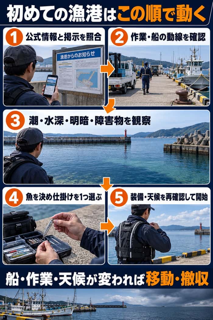 初めての漁港での5手順。情報と掲示の照合、作業動線の確認、港内の観察、魚と仕掛けの選択、安全確認の順を示す。