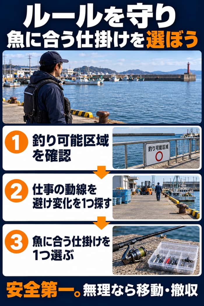 初心者の漁港釣りのまとめ。釣り可能区域を確認し、仕事の動線を避けて変化を一つ探し、魚に合う仕掛けを選ぶ順番を示す。