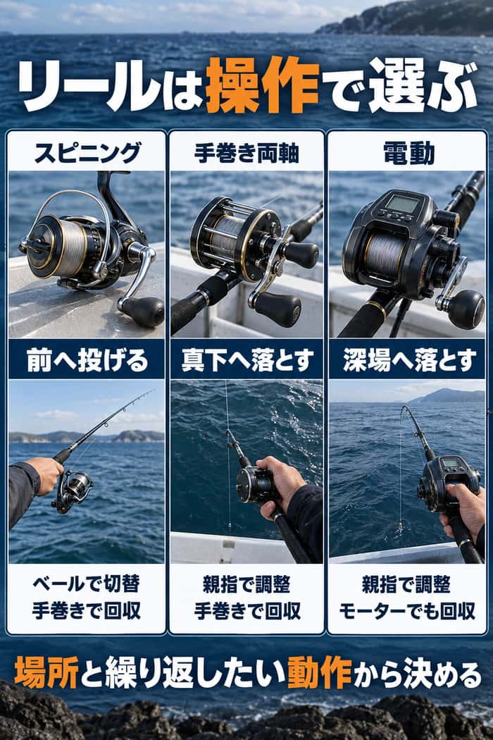 3種類の海釣りリール比較。前へ投げるスピニング、真下へ落とす手巻き両軸、深場からモーターでも回収できる電動の違いを示す。
