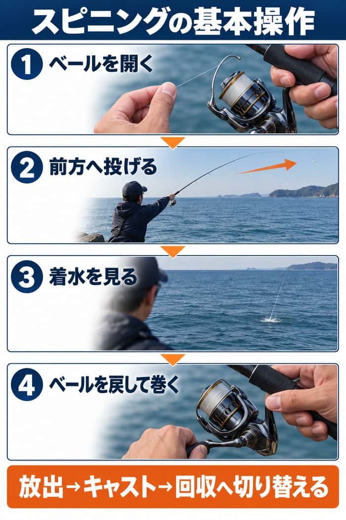 スピニングリールの基本操作。ベールを開き、前方へ投げ、着水を見てからベールを戻して巻く流れを4段階で示す。
