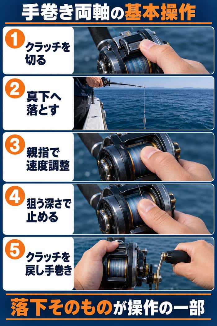 手巻き両軸リールの基本操作。クラッチを切って真下へ落とし、親指で速度と停止を調整して手巻きで回収する流れを示す。