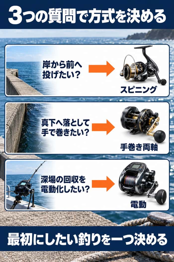 リール方式を決める3つの質問。前へ投げるならスピニング、真下へ落として手で巻くなら手巻き両軸、深場の回収を電動化するなら電動へ結び付ける。