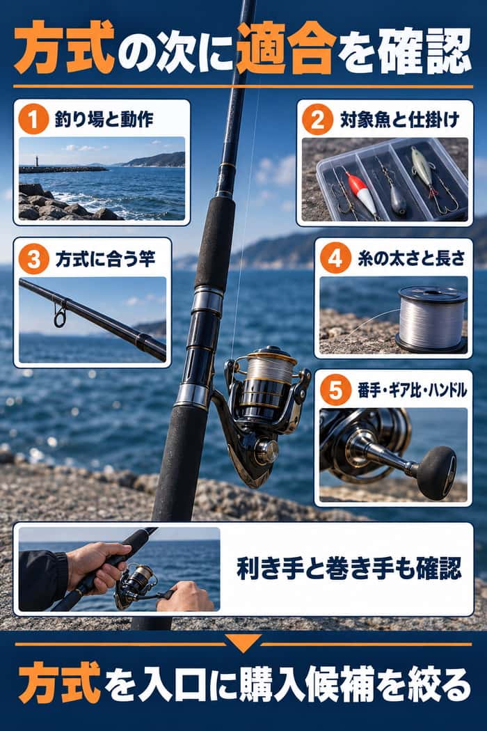 リール方式を決めた後の確認項目。釣り場と動作、対象魚と仕掛け、竿、糸、番手やギア比、利き手と巻き手を順に示す。