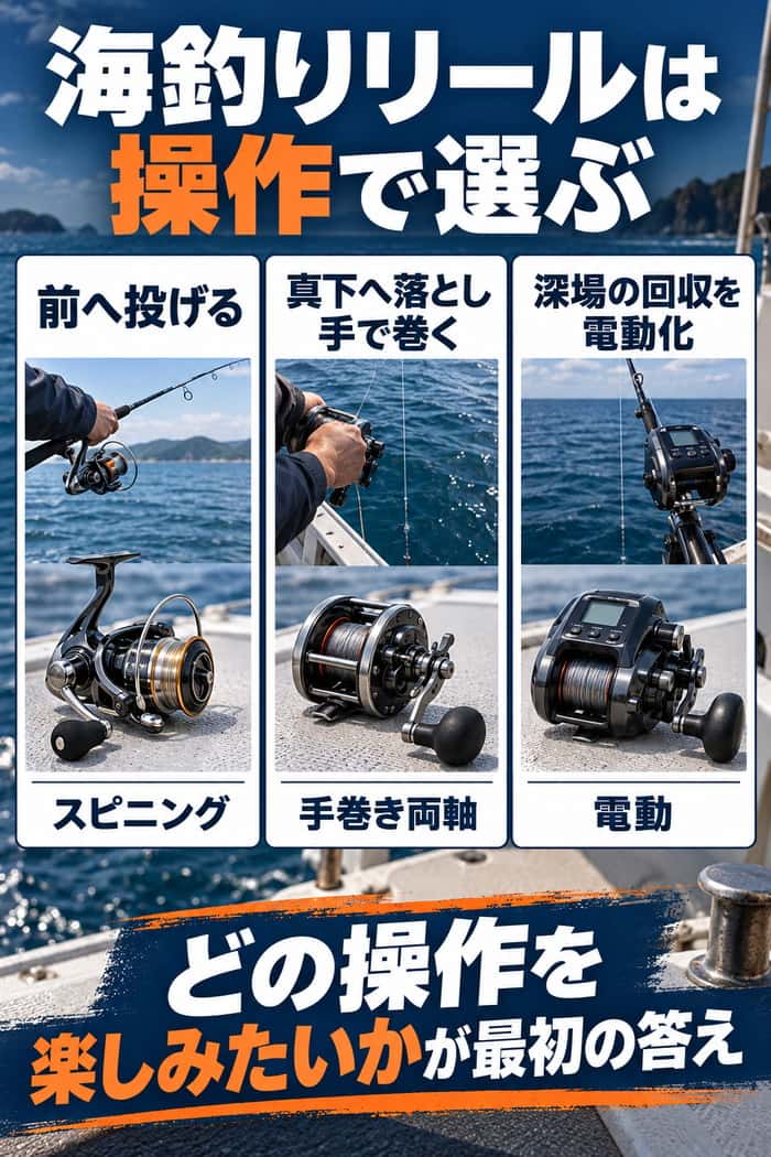海釣りリール3方式のまとめ。前へ投げるスピニング、真下へ落として手で巻く手巻き両軸、深場の回収を電動化する電動を並べる。