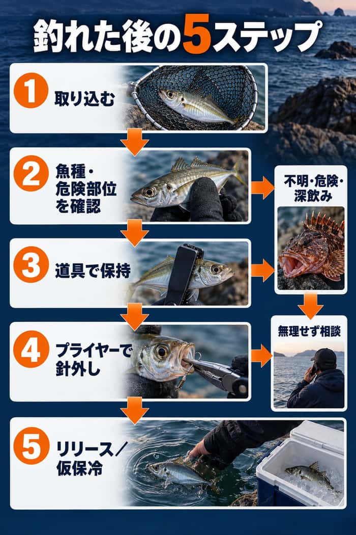 魚を取り込んでから危険確認、道具での保持、針外し、リリースまたは仮保冷へ進む5段階と、無理せず相談する分岐を示す。