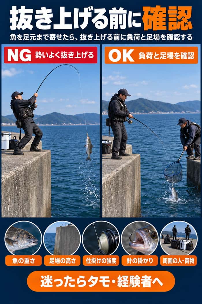 魚を勢いよく抜き上げる例と、負荷や足場を確認してタモを使う例を比較し、判断材料5項目を示す。