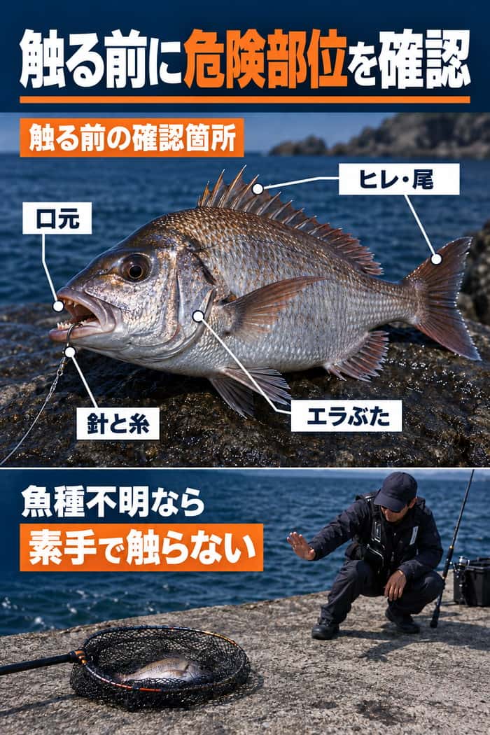 取り込んだ魚の口元、ヒレと尾、エラぶた、針と糸を確認する位置を示し、魚種不明なら素手で触らないよう促す。