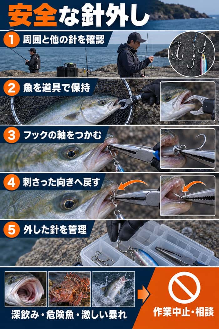 周囲と他の針の確認から魚の保持、フックの軸をつかむ操作、針外し、外した針の管理までを順に示す。