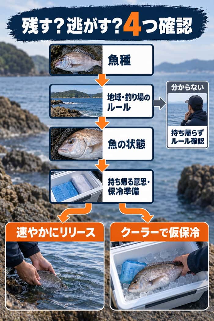 魚種、地域と釣り場のルール、魚の状態、持ち帰る意思と保冷準備を確認し、リリースか仮保冷へ分かれる流れを示す。
