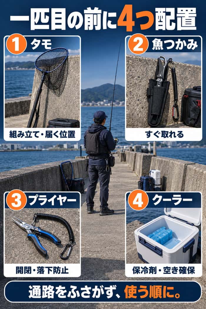 釣り始める前に、タモ、魚つかみ、プライヤー、保冷剤入りクーラーを通路をふさがない位置へ準備する要点を示す。