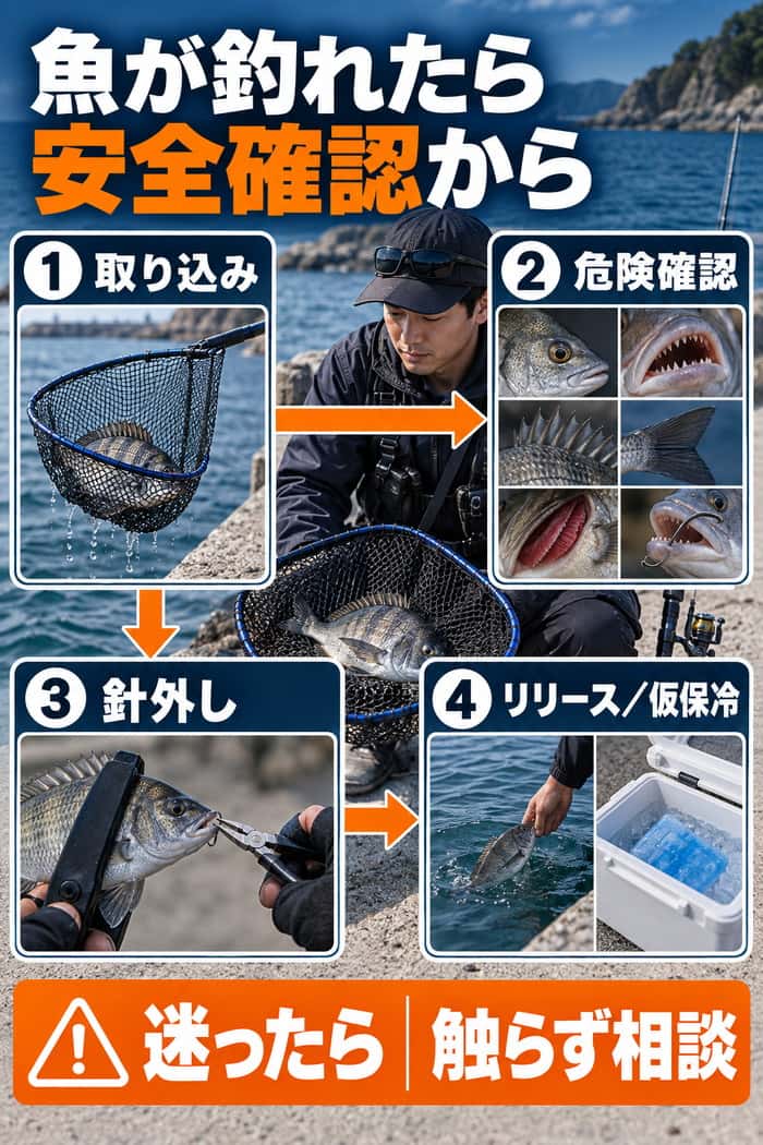 取り込み、危険確認、針外し、リリースまたは仮保冷の順をまとめ、迷ったときは触らず相談する判断を示す。