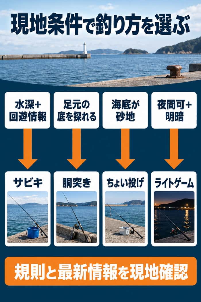 水深と回遊情報、足元の底、砂地、夜間の明暗という現地条件から、4つの釣り方を選ぶ対応図。