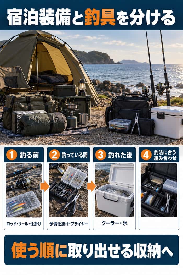 宿泊装備と釣具を分け、釣る前・釣っている間・釣れた後の順に必要な道具を収納する流れを示す。