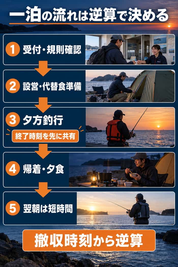 受付、設営、夕方釣行、夕食、翌朝の短時間釣行を、終了時刻と撤収時刻から逆算する一泊の流れ。