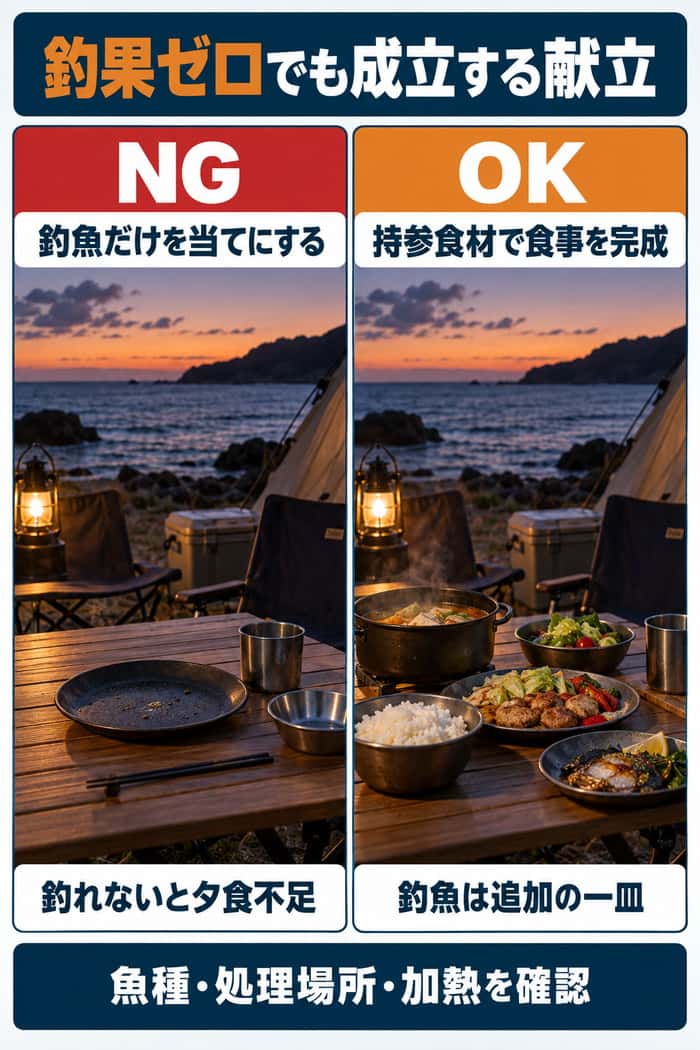 釣魚だけを当てにする献立と、持参食材で夕食を完成させ釣魚を追加する献立をNG・OKで比較する。