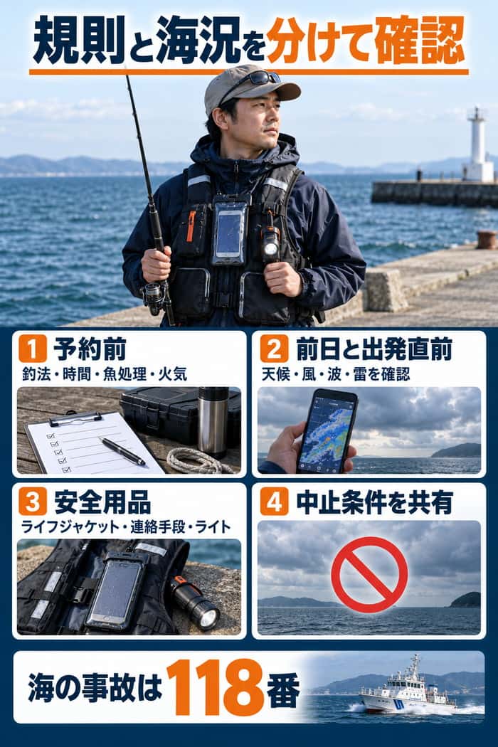 海釣りキャンプの安全確認として、施設規則、天候と海況、安全用品、中止条件、118番を示す。