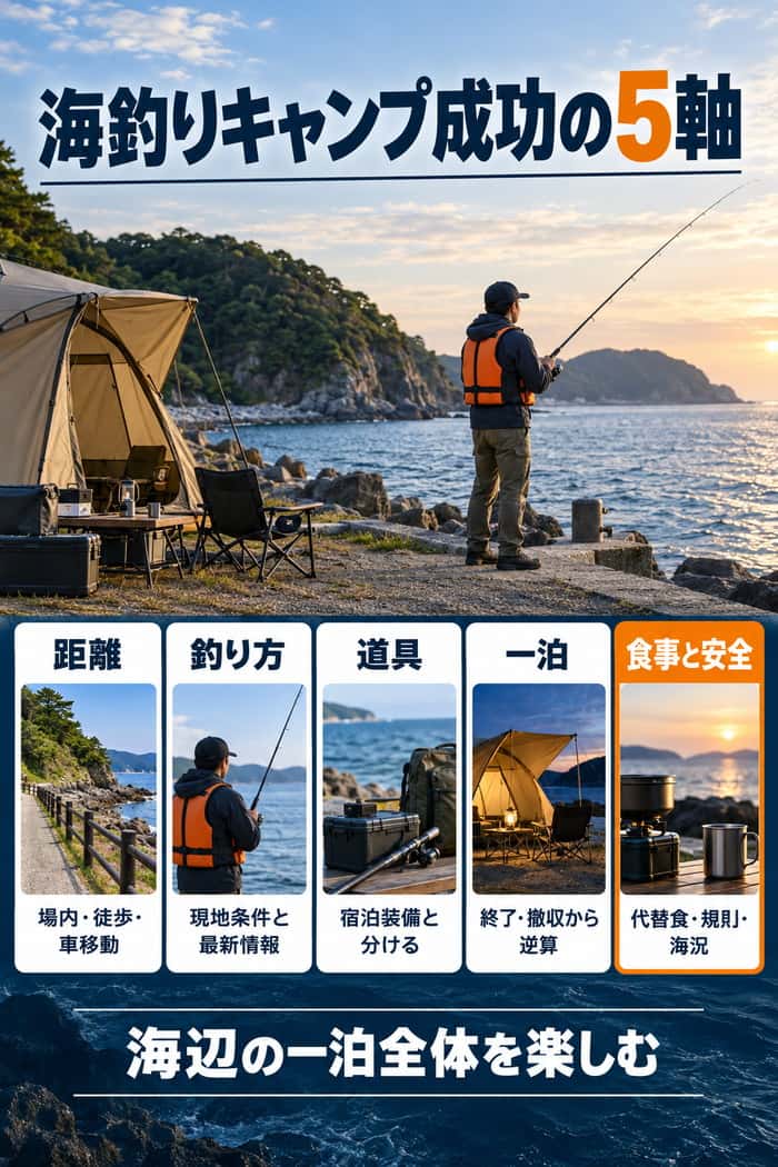 距離、釣り方、道具、一泊、食事と安全の5軸で、海釣りキャンプを計画する全体像を示す。