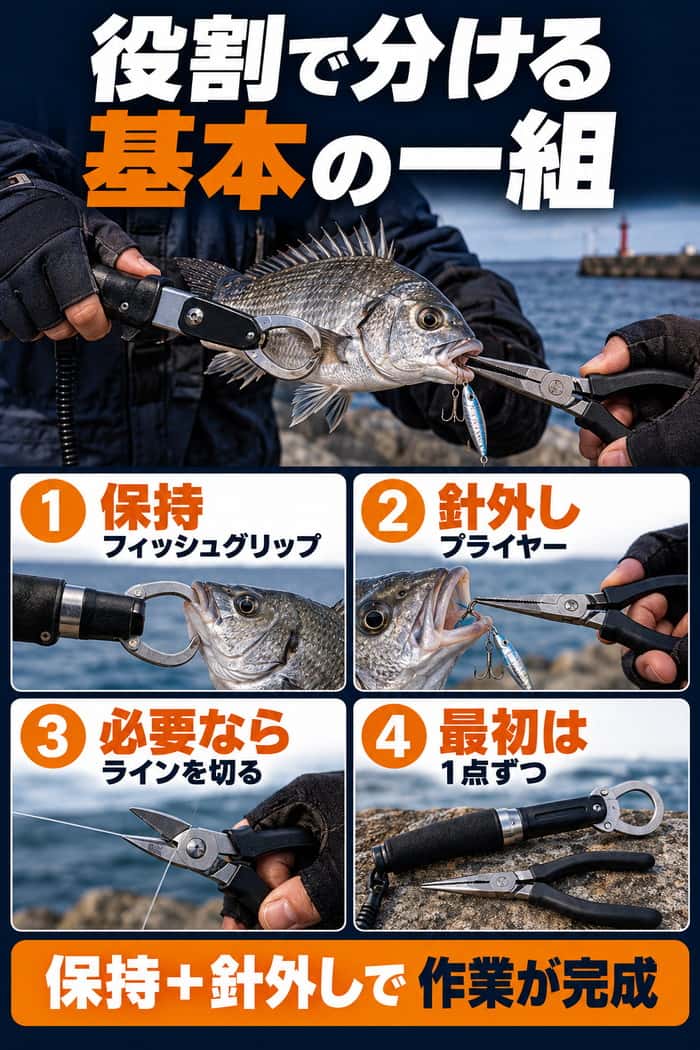フィッシュグリップとプライヤーの役割をまとめた図。保持、針外し、ライン切断、最初は1点ずつそろえる基本を示す。
