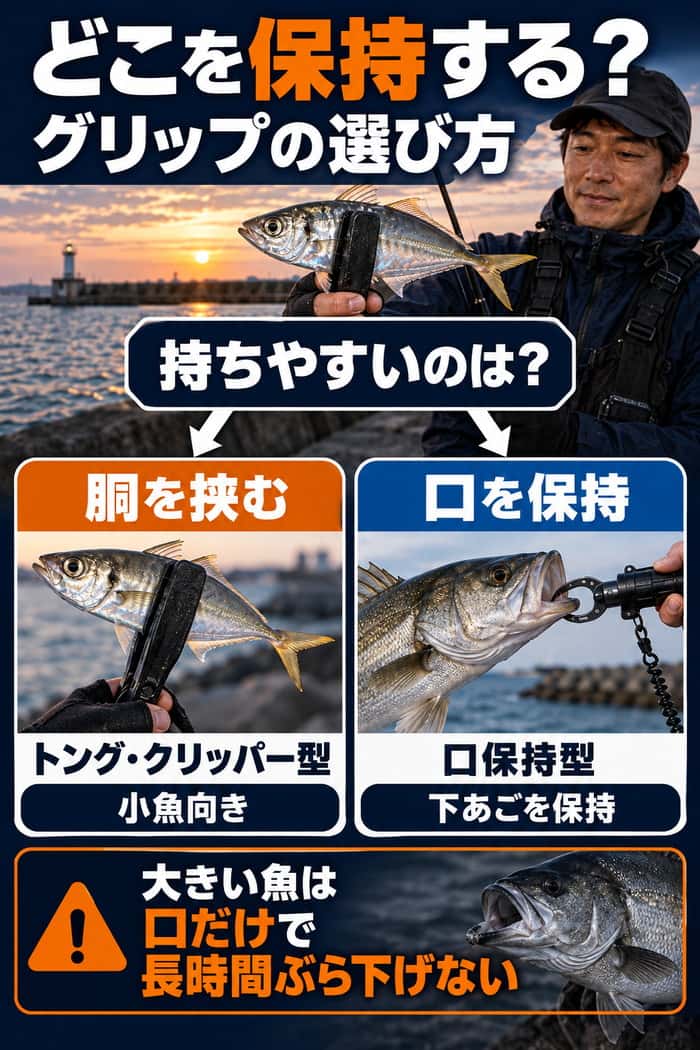 魚のどこを保持するかで選ぶグリップの図。胴を挟むトング・クリッパー型と、下あごを保持する口保持型、大きい魚の注意点を示す。