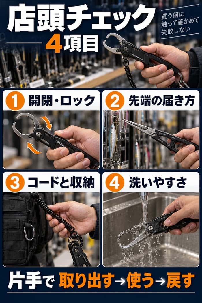 店頭での確認項目をまとめた図。開閉とロック、先端の届き方、コードと収納、洗いやすさを片手操作の流れで示す。