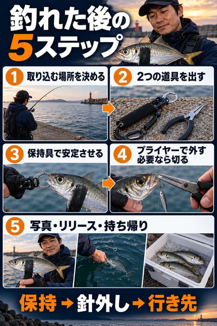 魚が釣れた後の手順図。取り込む場所を決め、道具を出し、保持具で安定させ、プライヤーで外し、写真・リリース・持ち帰りへ進む流れを示す。